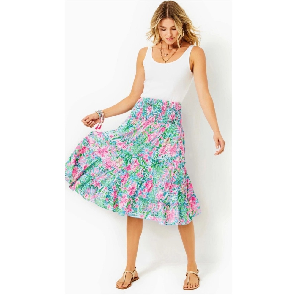 Lilly Pulitzer Deavan Midi Skirt Amalfi Blue Leaf It Wild $158 Size M‎